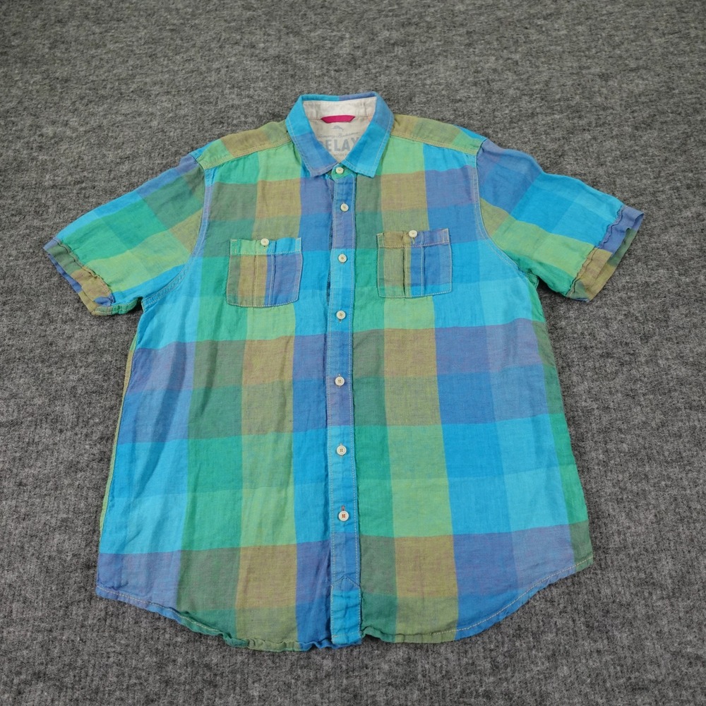Tommy Bahama Relax Shirt Mens Large Blue‎ Plaid 100% Linen Short Sleeve Vacation